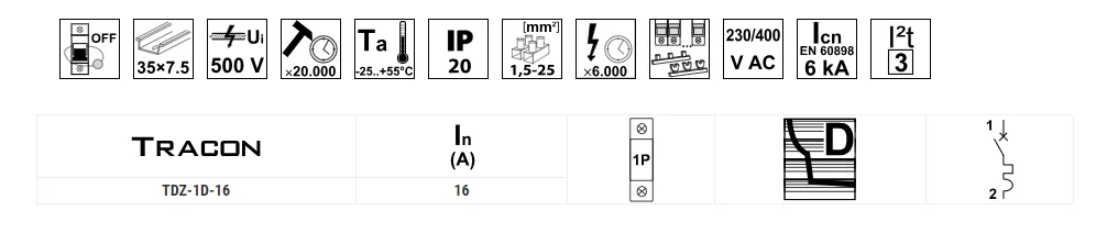 Wyłącznik nadprądowy D16 6kA 1-polowy, TDZ-1D-16 TRACON 2 1d16