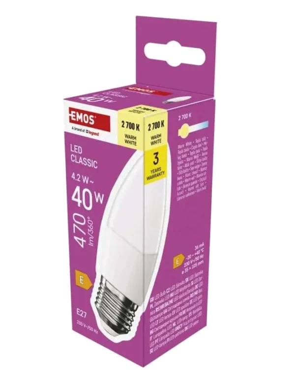 Żarówka LED Świeczka E27 4,2W 470 lm Ciepła Biel 2700K EMOS CLASSIC ZQ4E21