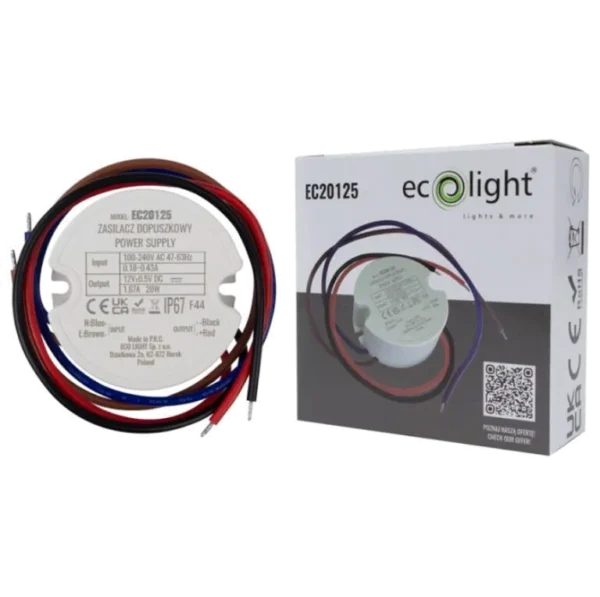 Zasilacz do puszki fi60 20W 12V 1,67A IP67 EC20125