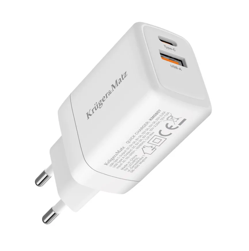 Ładowarka sieciowa 45 W GaN USB A + USB-C Power Delivery + Quick Charge Kruger&Matz KM0856 4 Ładowarka sieciowa 45 W GaN USB A + USB-C KrugerMatz KM0856