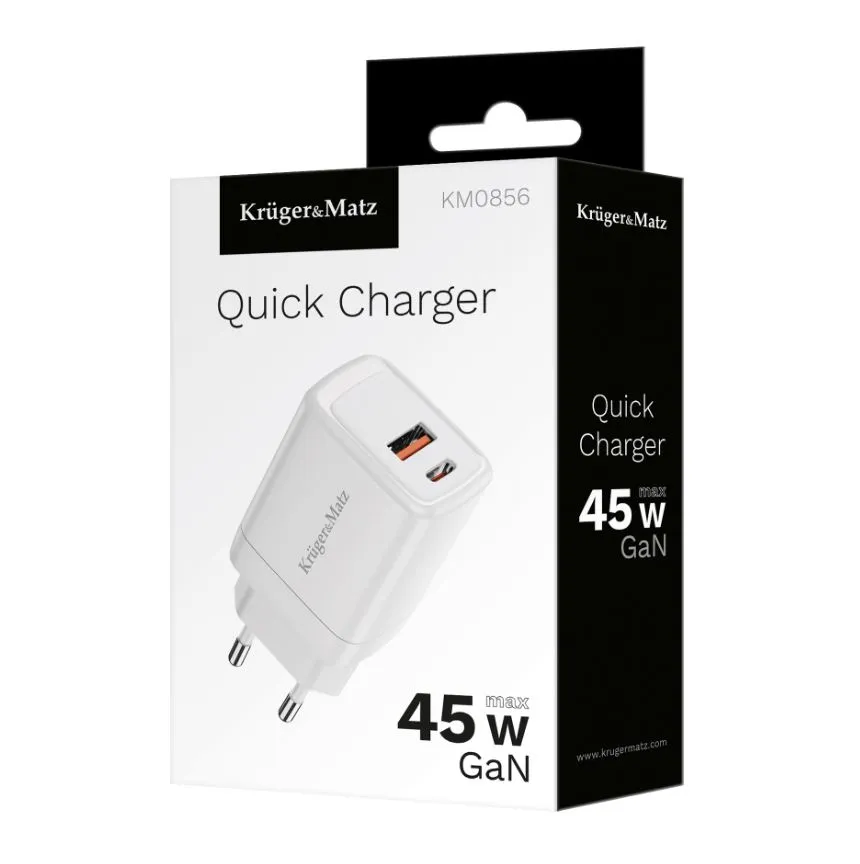 Ładowarka sieciowa 45 W GaN USB A + USB-C Power Delivery + Quick Charge Kruger&Matz KM0856 6 Ładowarka sieciowa 45 W GaN USB A + USB-C KrugerMatz KM0856