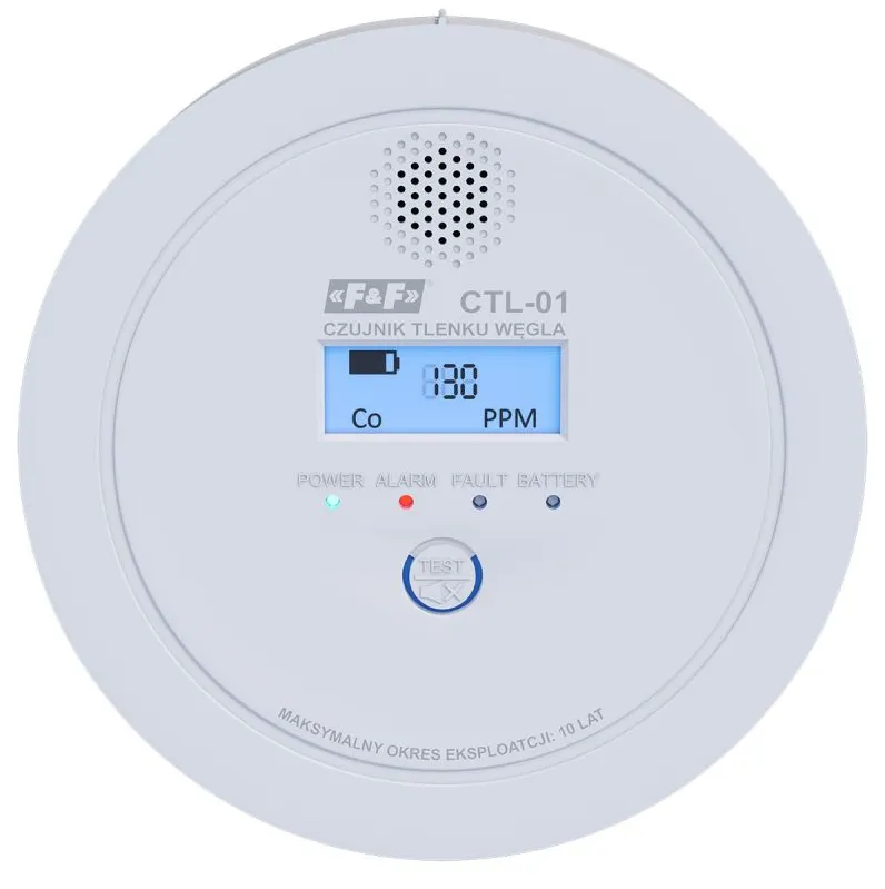 Czujka tlenku węgla (czadu) CTL-01 z wyświetlaczem LCD, bateryjny – F&F 1 Czujka tlenku węgla (czadu) CTL-01 1